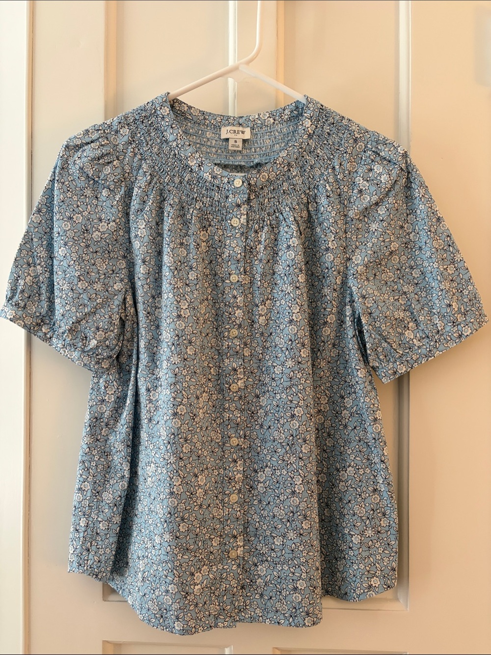 J. Crew Blue Floral Button-Front Puff Sleeve Blouse